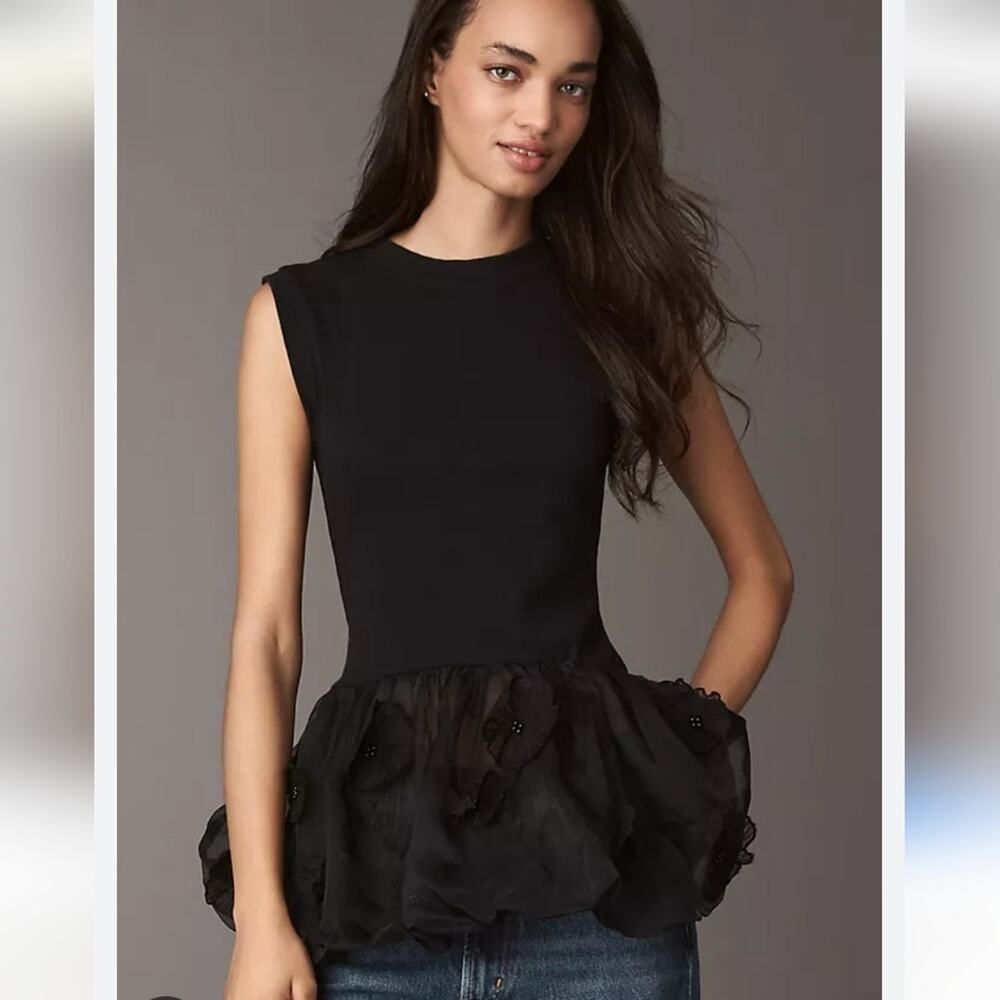 By Anthropologie 3D Floral Peplum Top Black Size L